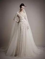 Мода романтические свадебные платья 2016 с длинным рукавом с низким напряжением шеи аппликации кружева из бисера тюль женщины Свадебное