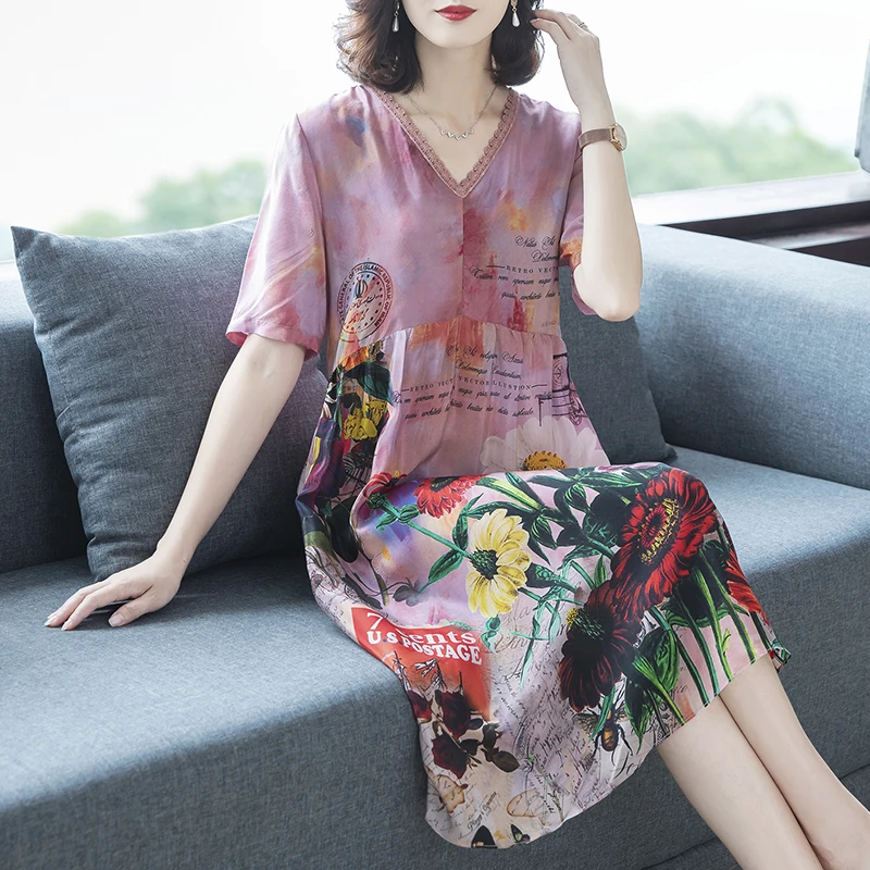 

Autumn Women Floral Print Dress V-Neck Elegant Lace Stitching Knee-Length Dress Women's Loose Plus Size Dress Vestidos