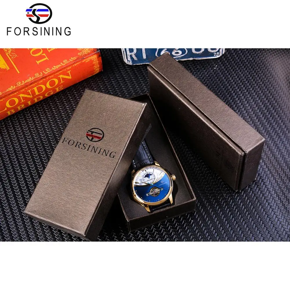 Forsining Tourbillon Blue Automatic Watch Men Classic Moonphase Design Genuine Leather Band Waterproof Business Wrist Watch Gift