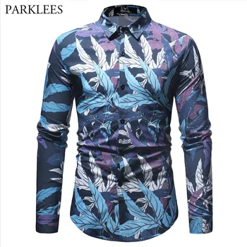 

Fashion Leaves Print Shirt Men Casual Slim Fit Long Sleeve Male Hawaiian Shirts Cool Streetwear Chemise Homme Camisas Masculina