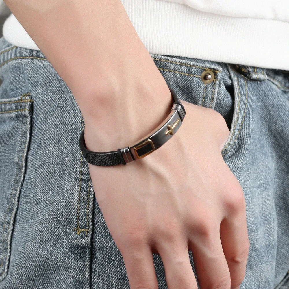Fate Love Trendy Stainless Steel Cross Bracelets Man Wrist Jewelry Black/Brown Color Leather 185mm Charm Chain Bracelets FL1156