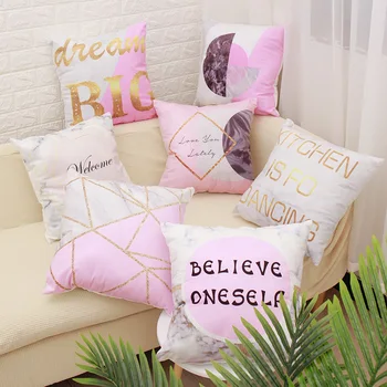 

Warm Short Plush Cushion Cover Golden Lines Pink Marble Pattern Cushion Cover Letter Printed Home Deco Fall Pillow Cover 45*45