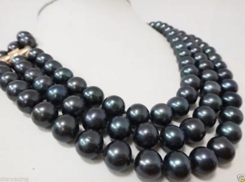 

free shipping 3 Rows 9-10MM AAA TAHITIAN BLACK PEARL NECKLACE 17-19" CLASP