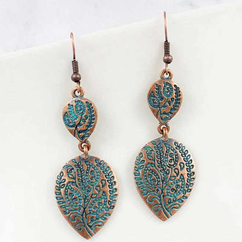 

1Pcs New Bohemian Vintage Ethnic Tibetan Long Carved Flower Brown Bohemia Earrings Women Classic Jewelry Gift