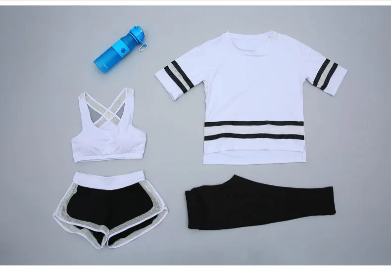 Плюс Размеры Для женщин Йога набор Для женщин Фитнес футболки для бега колготки дышащий упражнений Спортивный Бюстгальтер открытый полосатый сетки спортивный костюм