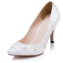 White/Ivory Lace Beading Pearls Women Wedding Shoes Pointed Toes British Women Pumps EU33-41 JM607