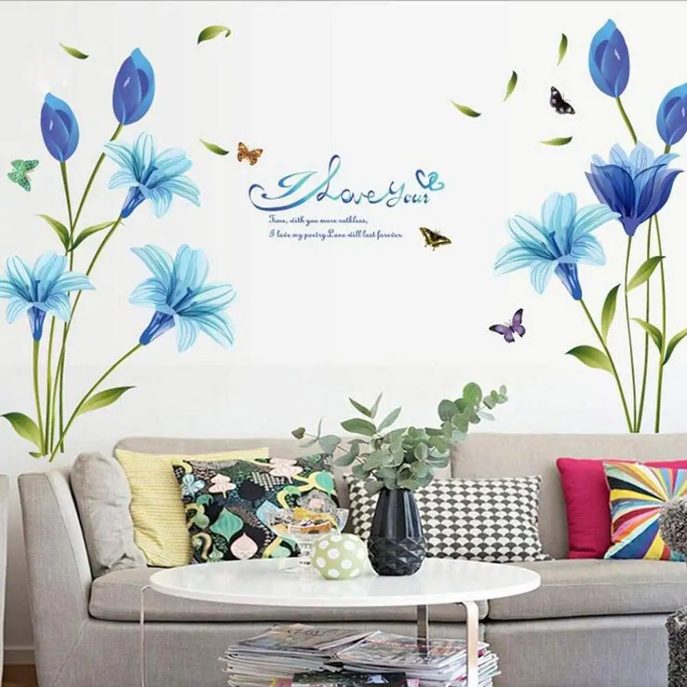 60x90 см синие лилии лист шаблон наклейки на стену Декор Наклейка домашний телевизор украшение на стену в спальне стикер домашний декор
