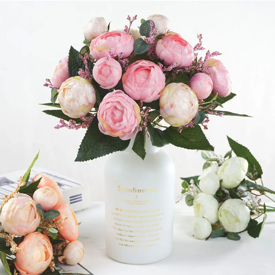 

high quality artificial rose flowers 7 heads european beautiful tea rose silk bouquet fake flowers for party wedding home decor