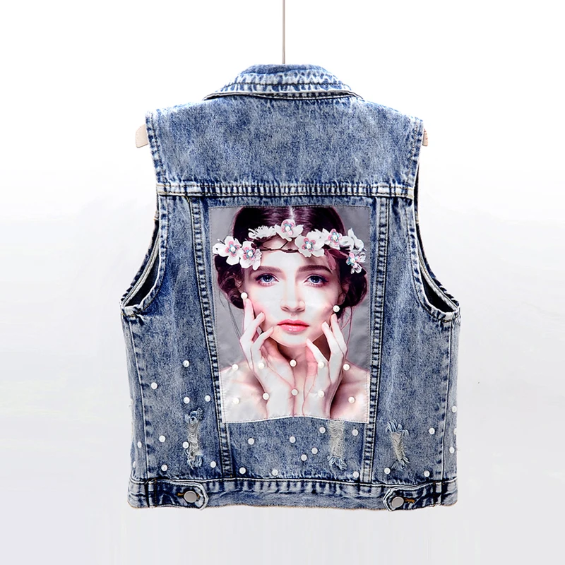 

New Summer Fashion Printed Denim Vest Women Vest Jeans Female beading Women's Sleeveless Jacket 1973