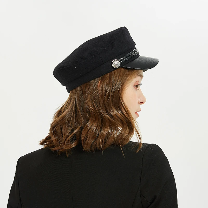 [FEILEDIS] шапка в стиле милитари, женские зимние шапки для мужчин и женщин, женская армейская милитарная шапка из искусственной кожи, Черная кепка с козырьком, шапка моряка, LR-05