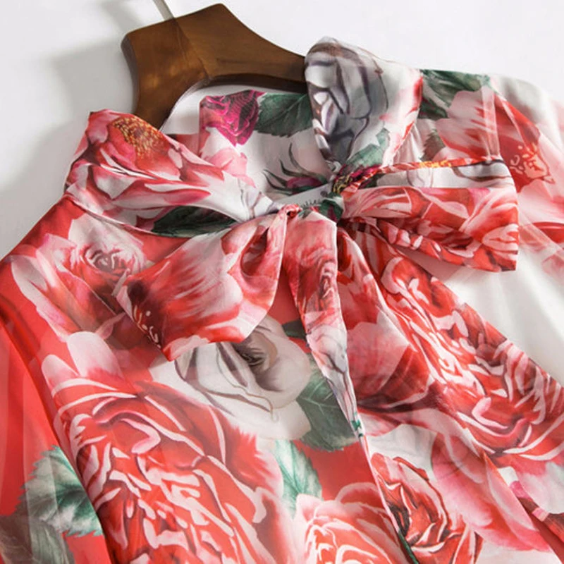 De 2018 Printemps Longue En Soie Manches Fleur Rose Féminine Robe Col B030 Arc Femmes Été Chauve Lâche Mousseline Maxi Robes Imprimé Printed souris ptqqwPE