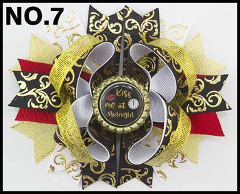 

free shipping 50pcs New Year hair Bow Happy New Year hair clips girl hair accessories Holiday bow gold and black hair bows