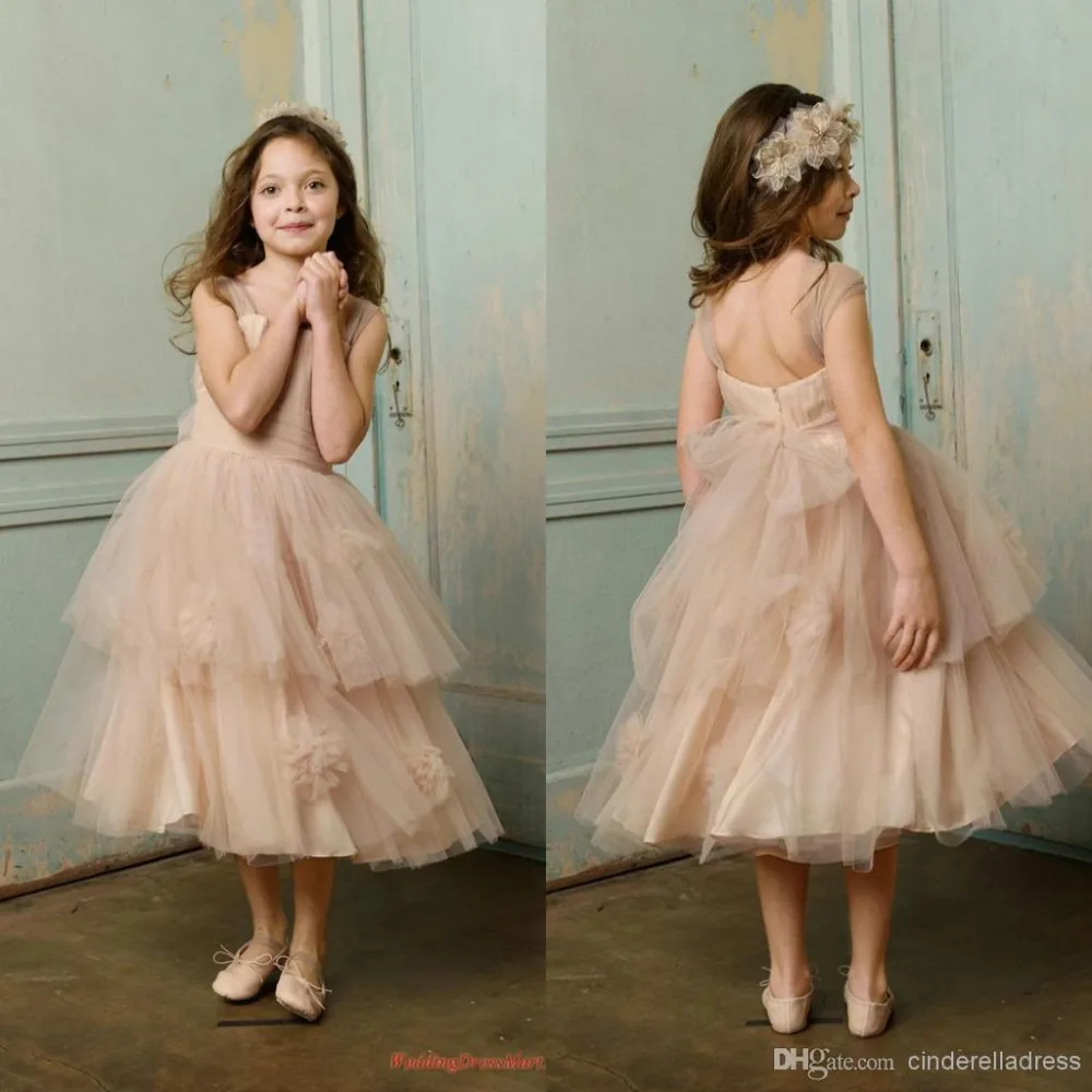 

Cute Flower Girls Dresses Ruched Ball Gown Tulle Tea-Length Champagne Pageant Dresses Girls Party 2019 New Designer