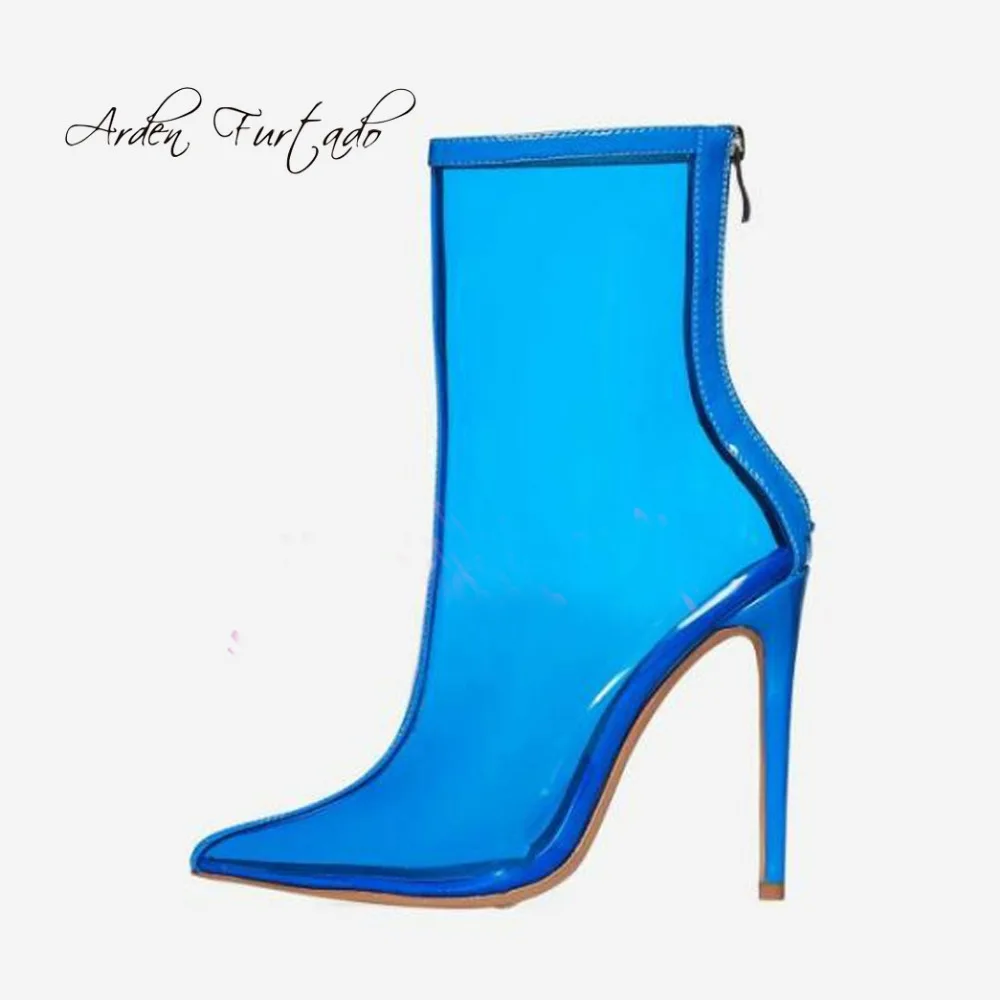 

Arden Furtado 2022 Spring Autumn Women Transparent Matin Boots Stilettos High Heels 10cm Fashion Royalblue Big Size Short Boots