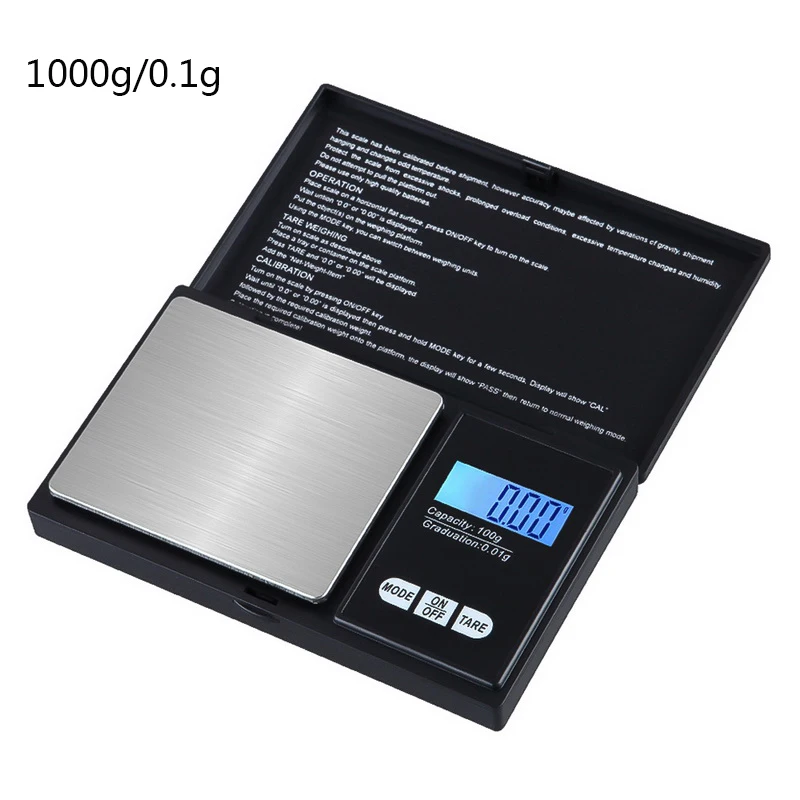 Urijk мини ЖК-дисплей цифровые весы высокой точности Кухня грамм карманные электронные весы для ювелирных изделий 100/200/300/500/1000g 0,01/0,1g - Цвет: 1000g-0.1g