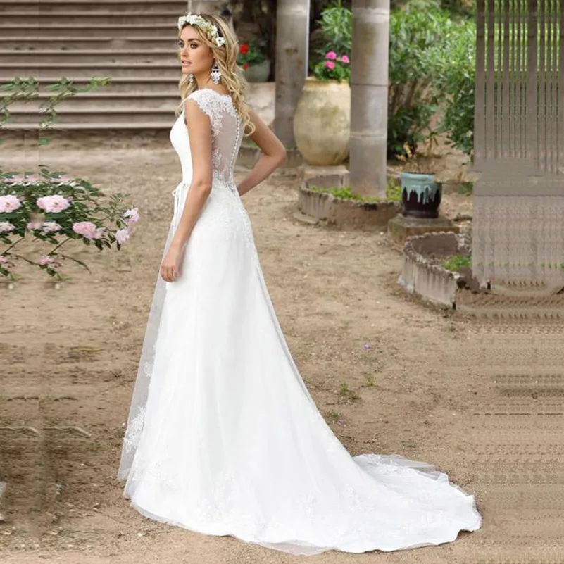 Vestidos De Novia 2019 пляжные свадебное платье трапециевидной формы свадебное платье для принцессы кнопки назад кружева аппликационные Свадебные