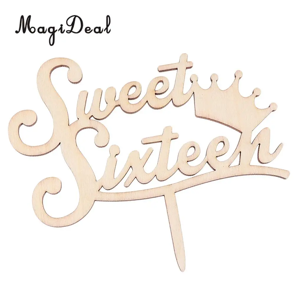 MagiDeal Delicate Design 1Pc Rustic Wooden Sweet Sixteen Cake Topper 16th Birthday Party Cake Decoration 15.5 x 13 x 0.4cm Brown