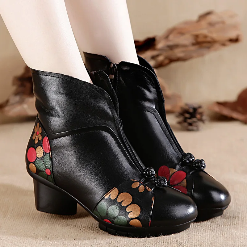 

CHAISHOU 2018 winter new female cowhide thick with velvet warm women's boots platform national wind Ankle mother boots Feminina