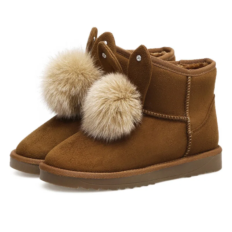 

Warm Shoes Women Fashion Brand Snow Boots Lady casual chaussure Winter footware with Fur Hairball Ankle Boots Rabbit Ear Black