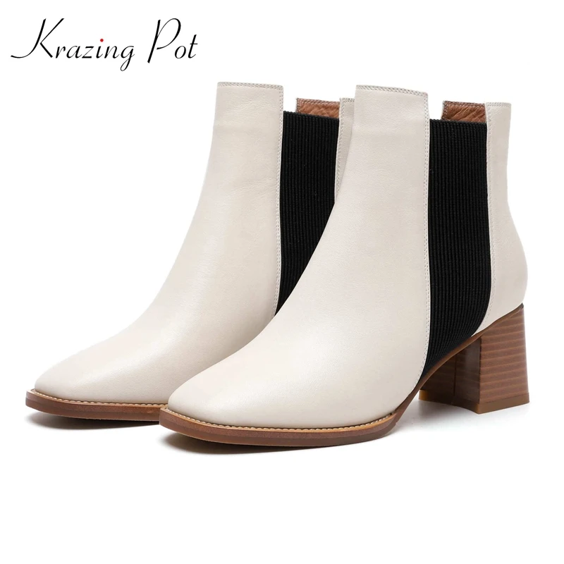 

Krazing pot genuine leather round toe thick high heels model runway show Korean version British school Oxfords ankle boots L39