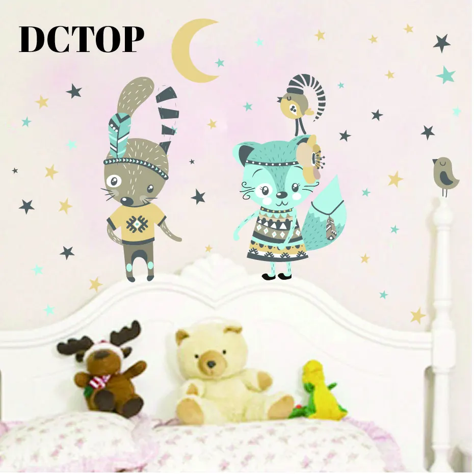 Lovely Tribe Mr Rabbit and Ms Cat Sticker Children kid Moon Stars Decals Home Art Bedroom Nursery Room Door Decoration Wallpaper (5)