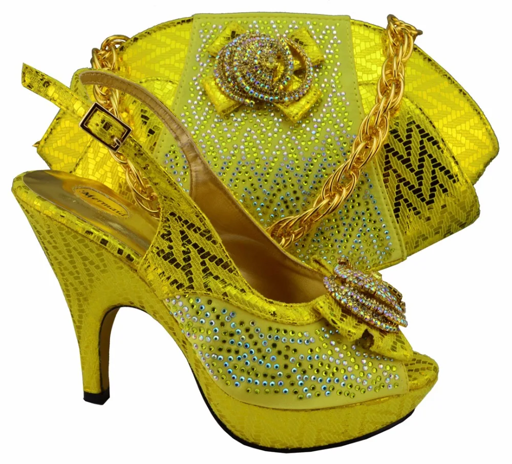 

Popular yellow Pu leather African high heel pump shoes with handbag sets wedding/party MM1003 free shipping
