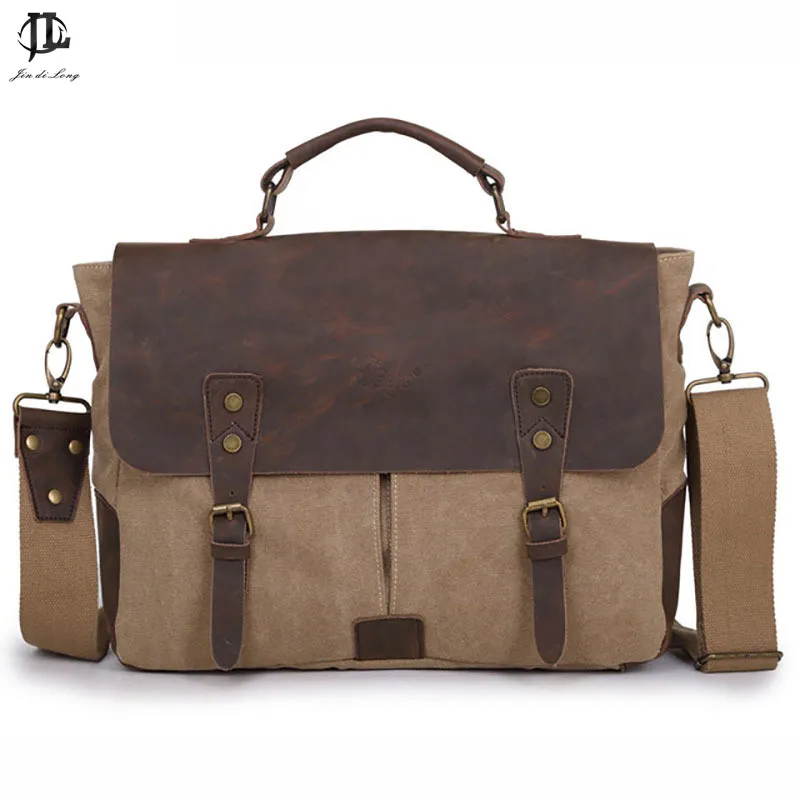 

Brand New Crazy Horse Genuine leather&Canvas Vintage Men's Briefcase Handbag Business Shoulder Laptop Zipper Messenger Bag