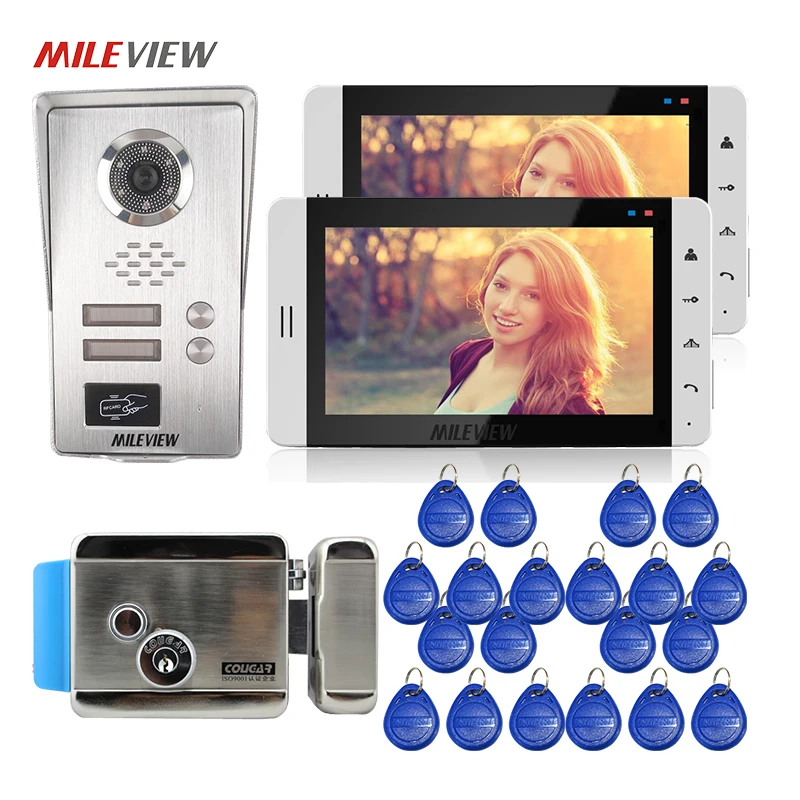 FREE SHIPPING 7 Touch LCD Video Door Phone Intercom 2 Monitors + Outdoor RFID Doorbell Camera for 2 Apratments + Electric Lock