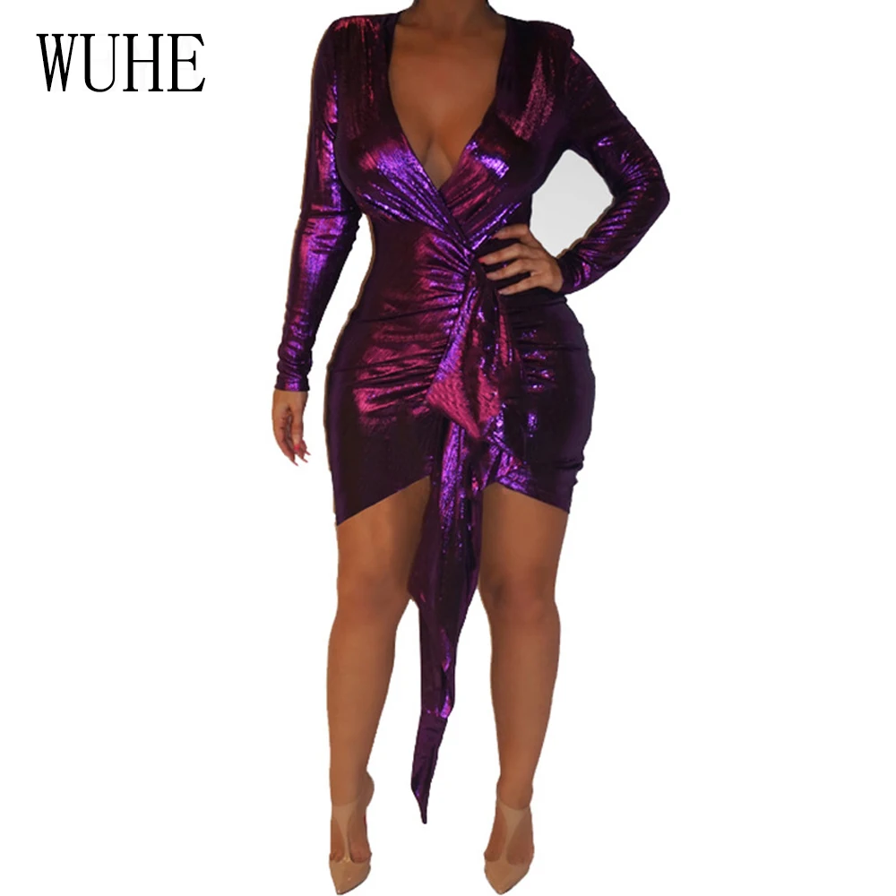 

WUHE Summer Sexy Deep V-neck Long Sleeve Lace Up Bodycon Dress Women Elegant Party Club Retro Pleated Dress Vestidos Femme