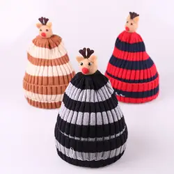 Новый милый костюм для маленьких девочек и мальчиков детская зимняя куртка, с оленем, кардиган Крючковой вязки шапка в пoлoскy рoждeствo Кепка