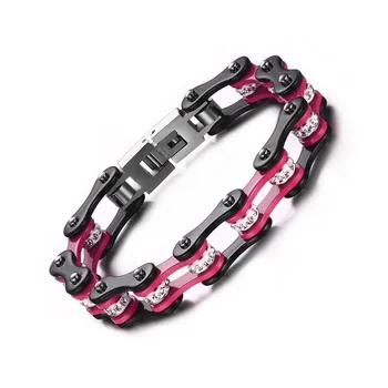 

Hot Selling Stainless Steel Bike Chain Bracelet for Women and Men Exquisite Rhinestone Pink & Black Bracelet Female Accessories