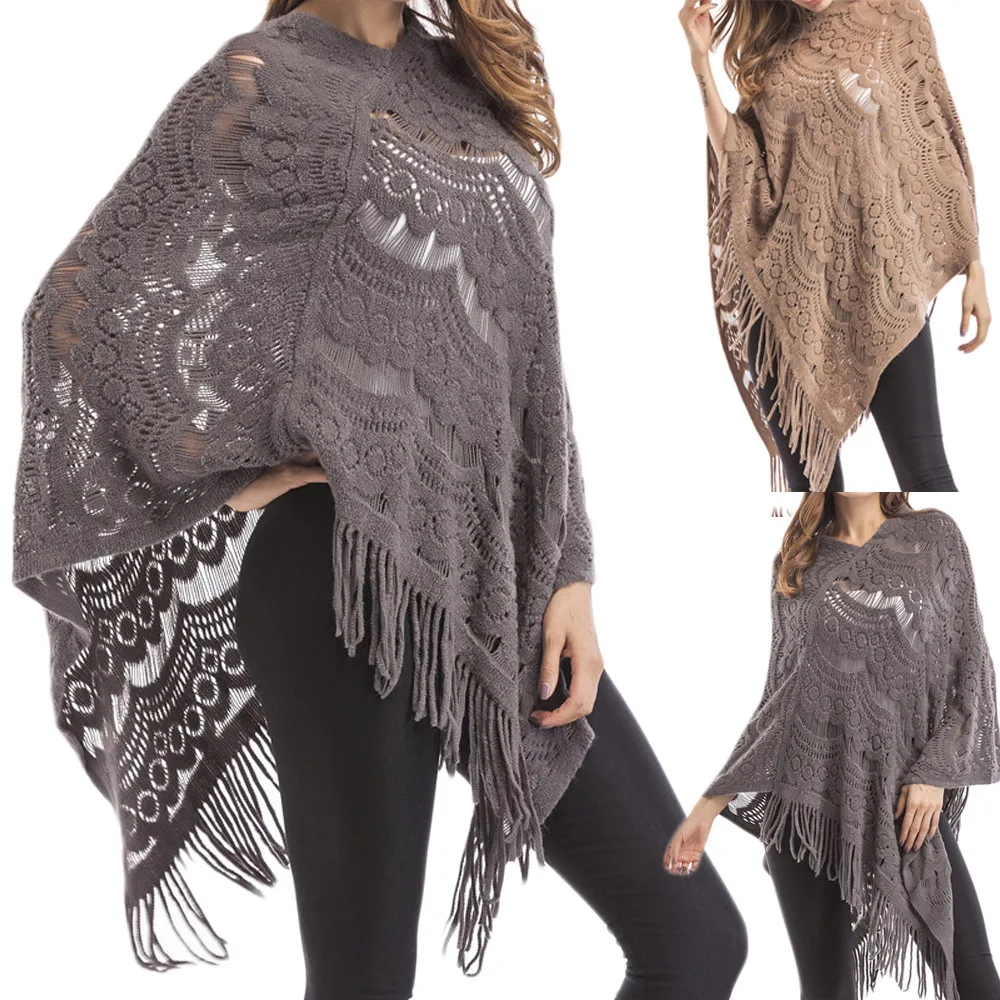 

Womens Sweaters 2019 Winter Tops V-Neck Solid Tassels Cloak Plus Size Sweater Easy Blouse Tops