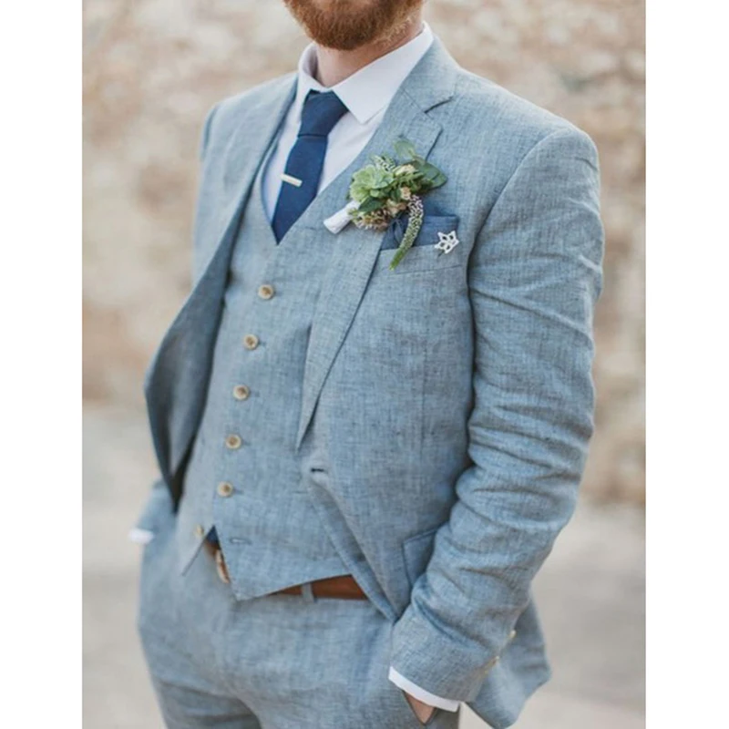 

Latest Coat Pant Designs Light Blue Linen Wedding Suits for Men Casual Beach Terno Slim Fit Groom Custom 3 Piece mens suit