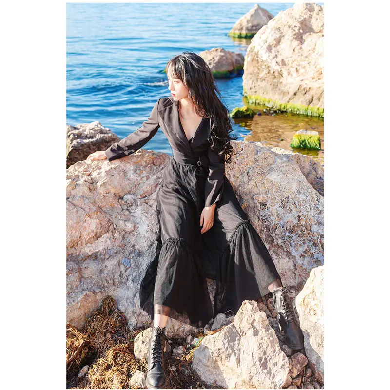 black long coat Moda Mujer Ropa сетчатая стеганая ветровка куртка длинное пальто весна х-длинное пальто Женская однотонная верхняя одежда с поясом f367 - Цвет: black long coat