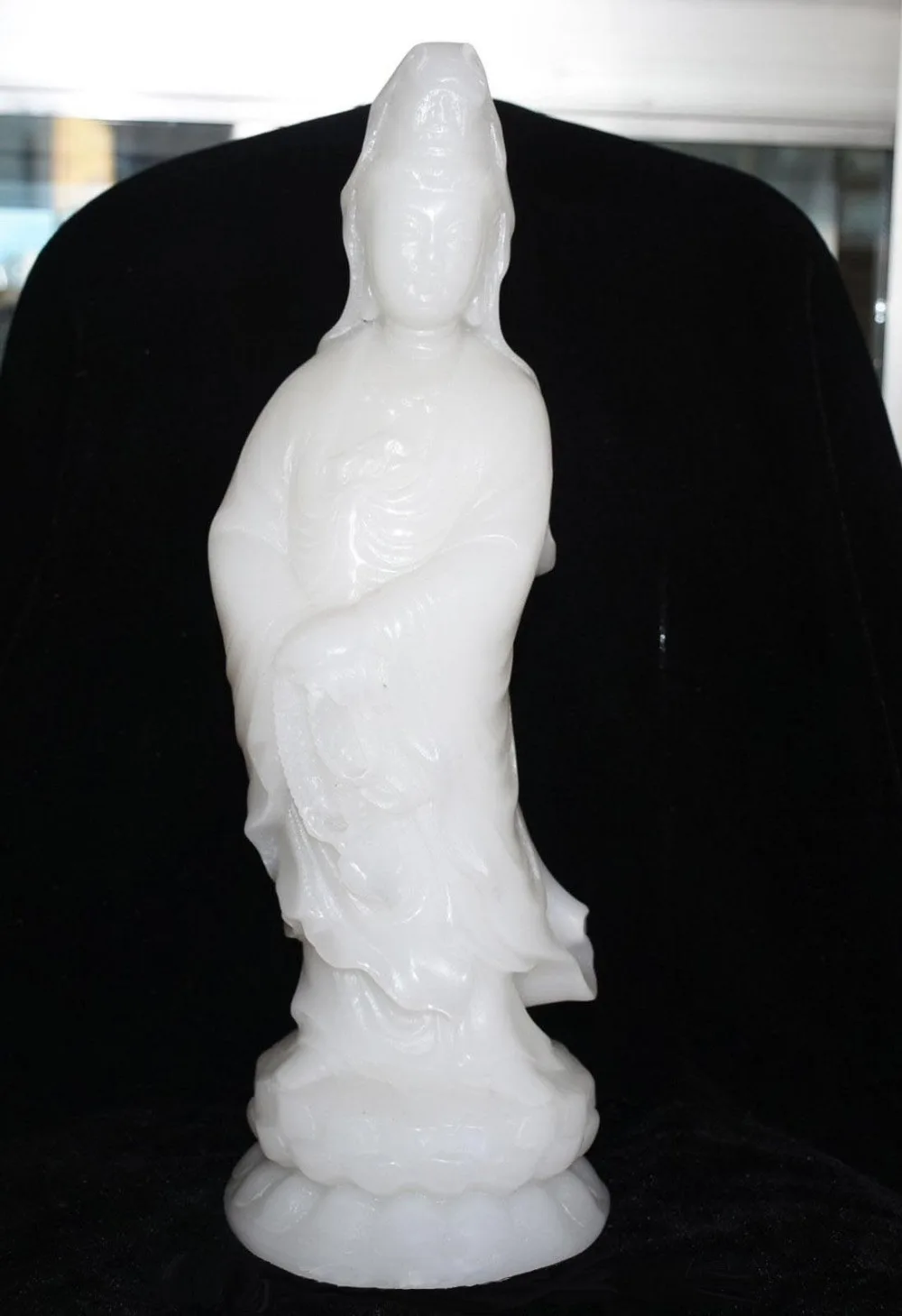 

FREE Shipping 14" Fine Chinese Natural White Jade Stand Lotus Kwan-yin Guanyin Goddess Statue