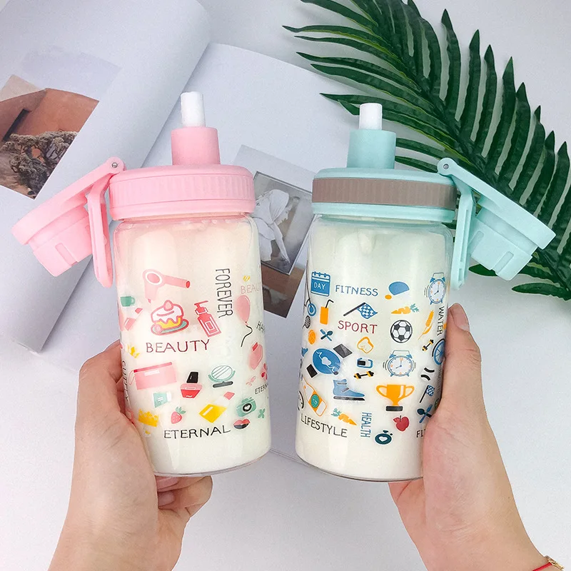 

VA STUDIO 360ml 480ml Single Layer Glass Borosilicate Portable Straw Water Bottle Outdoor Sport Scrawl Creative Gift Bottle