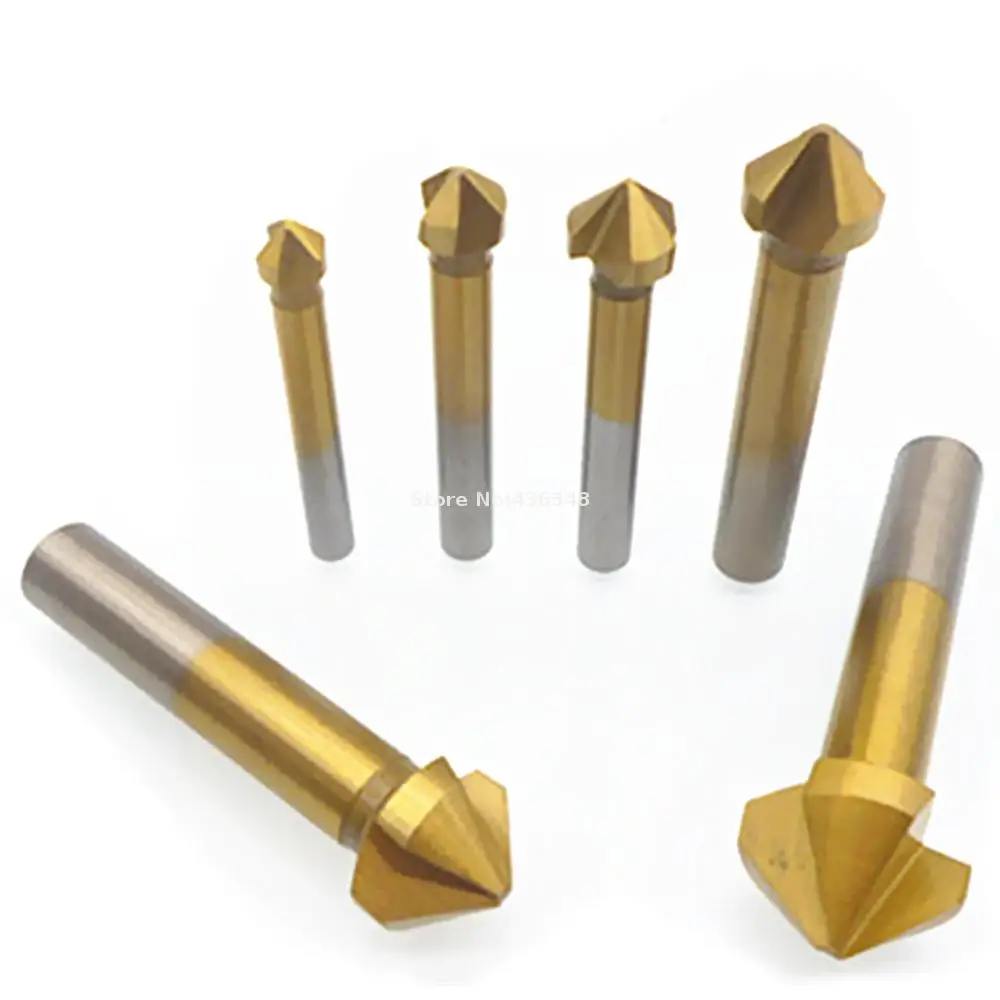 6pc Titanium Coated 3 Flute 90 Degree Chamfer Cutter Countersink End