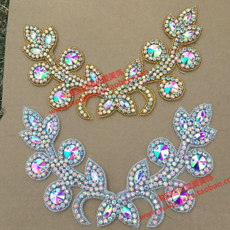 

gorgeous flower crystal collar applique for dress gold AB strass neckline for garments leaf crystal becklace for dancing dress