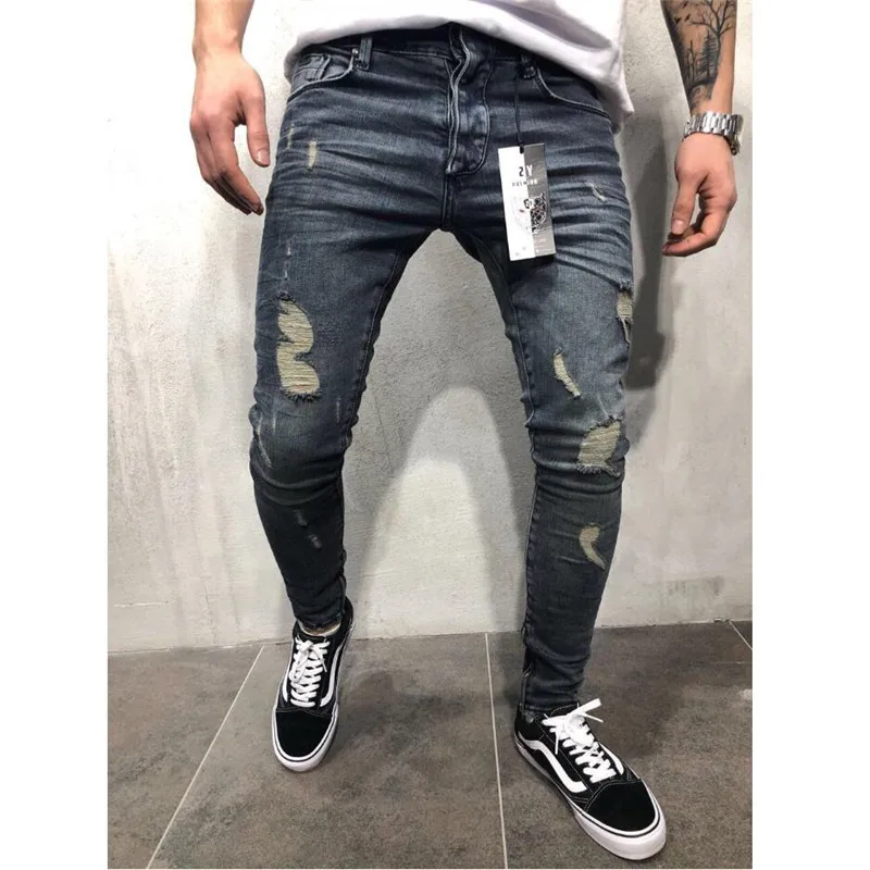Для мужчин Стильный Рваные джинсы брюки байкер тонкий прямой хип-хоп потертые джинсовые брюки Новые Модные узкие джинсы 2019 Для мужчин