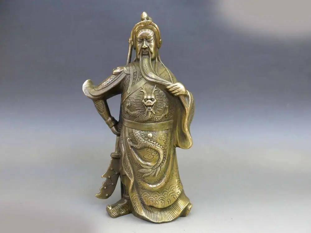 

DS 8" China brass copper town house dragon Guan Yu Loyalty buddha Sculpture Statue