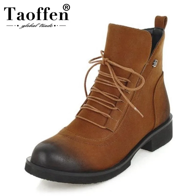 

TAOFFEN Size 33-46 Women Winter Ankle Boots Lace Up Warm Fur Shoes Woman Zipper Flats Boots Fashion Round Toe Daily Footwear