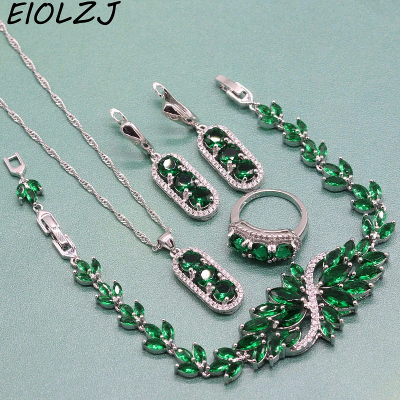 

Luxury Deep Green Stone Silver 925 Bridal Necklace Sets For Women Pendant Choker Ring Dangle Earrings Bracelet Free Jewelry Box