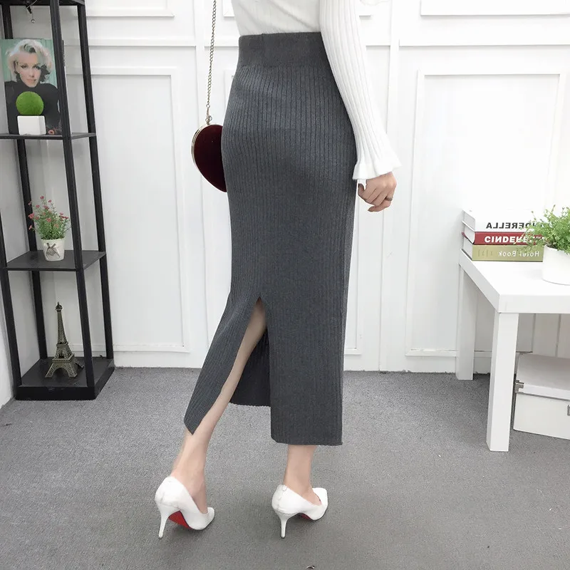 ELEXS женская зимняя Длинная шерстяная юбка, юбка-карандаш с эластичной талией, Женская офисная юбка, винтажная Женская Осенняя юбка E1123