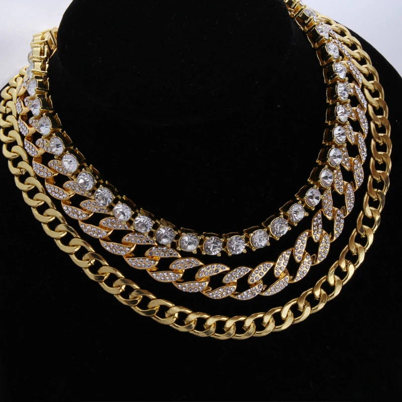 Hip Hop CZ Miami Cuban Choker 18" Cuban& 20" Full Iced Cuban& 1 Row CZ Crystal Chain Combo Set