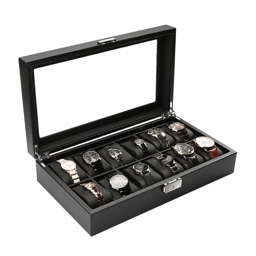 Черный высококачественный 12 слотов витрина для роскошных украшений часы коробка для хранения Подставка с большим стеклянным окошком Топ Органайзер контейнер
