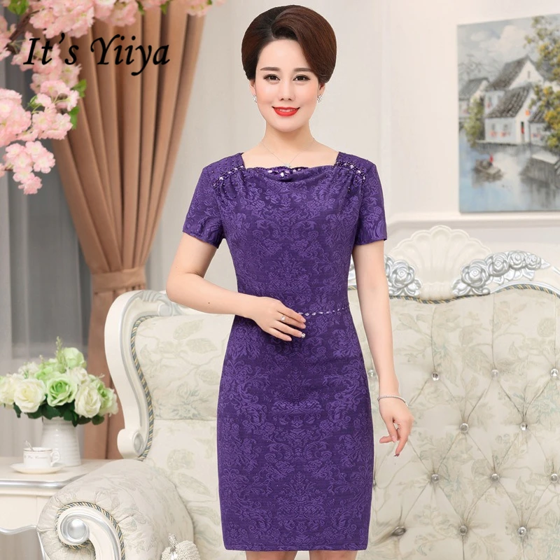 

It's Yiiya Mother of the Bride Dresses Plus Size Purple Short Sleeve Pearls Fashion Designer Elegant Mother Dress M056