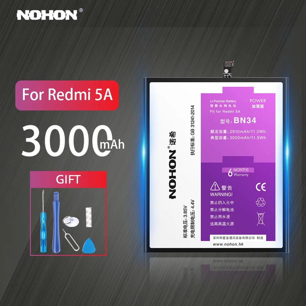 Nohon Аккумулятор для Xiaomi Redmi 5A BN34 реальная емкость 3000 mAh Мобильный телефон литий