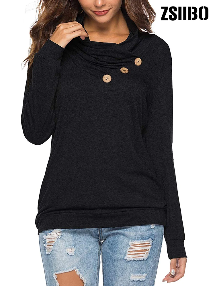 

Autumn Women's Casual Hoody Long Sleeve Button Cowl Neck Tunic Sweatshirt Tops hoodies Sweatshirt drop shipping