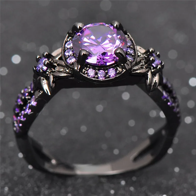 Очаровательное кольцо с камнем, фиолетовое циркониевое модное женское свадебное цветочное ювелирное изделие, Черное золото, обручальные кольца, Bague Femme RB0433