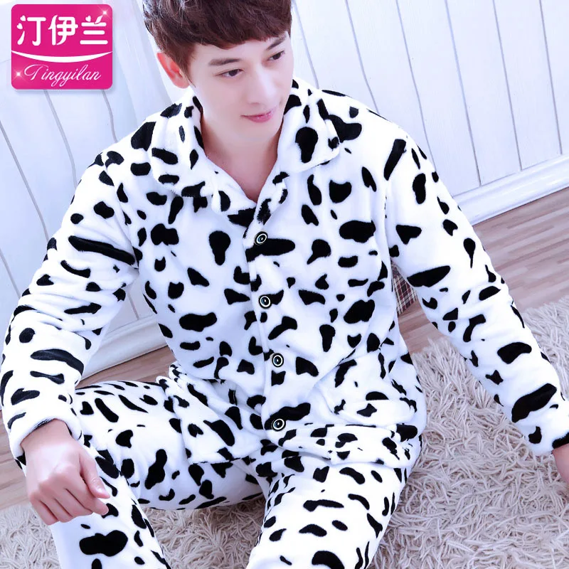 Men Pajama Sets Winter Autumn Coral Fleece Warm Men Sleepwear Suits Thick Homewear Long Sleeve Pijama Man Sleep Pyjama XXXL - Цвет: cow men pajama